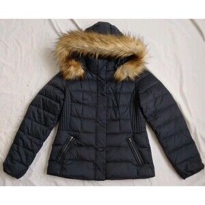 Talbots Blue Coat Faux Fur Lining Hood Down Filled Puffer Women's Size M
